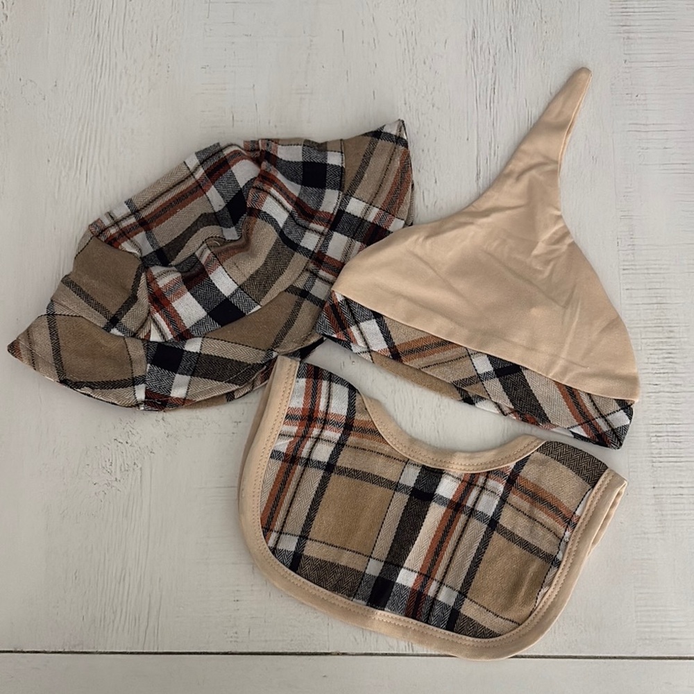 Plaid Baby Hat and Bib Set